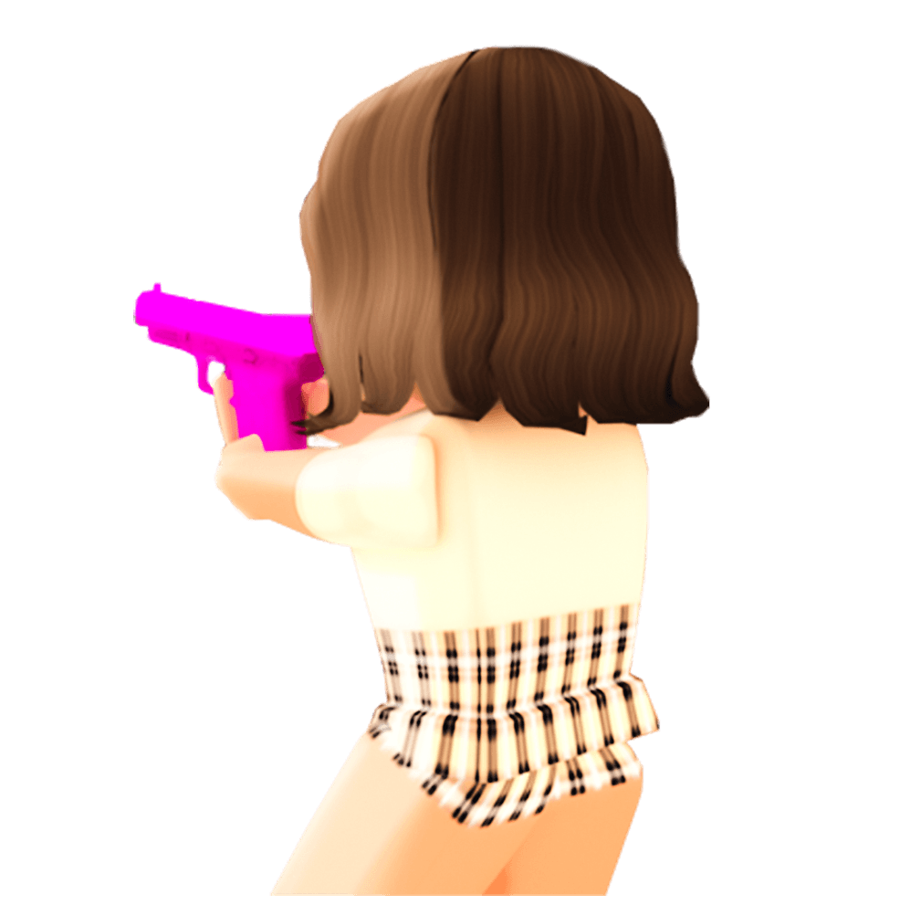 Image of a Roblox character, back facing the viewer, with a gun pointed at another character.